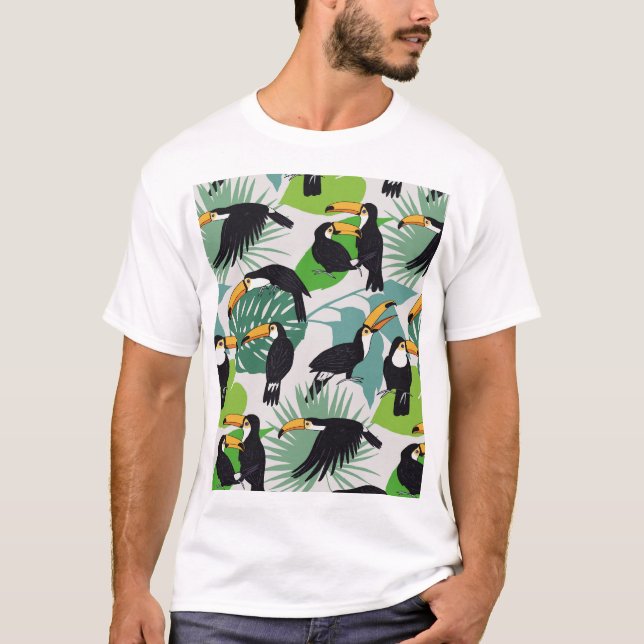 Toucan Bird: Palm Leaves Pattern T-Shirt (Front)