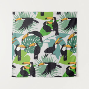 Toucan Bird: Palm Leaves Pattern Tapestry