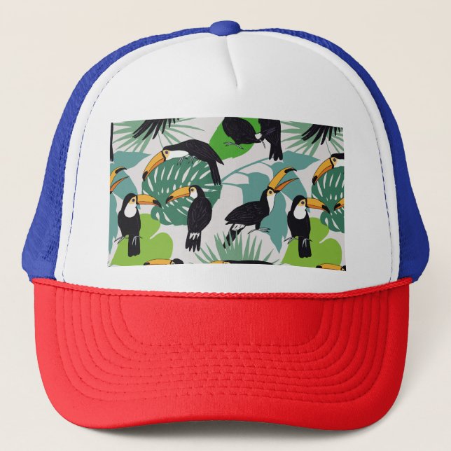 Toucan Bird: Palm Leaves Pattern Trucker Hat (Front)