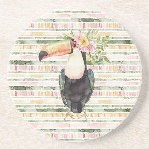 Toucan Bird Pink Green Stripes Coaster