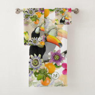 Toucan Birds, Passion Flowers, Plumeria Tropical Bath Towel Set