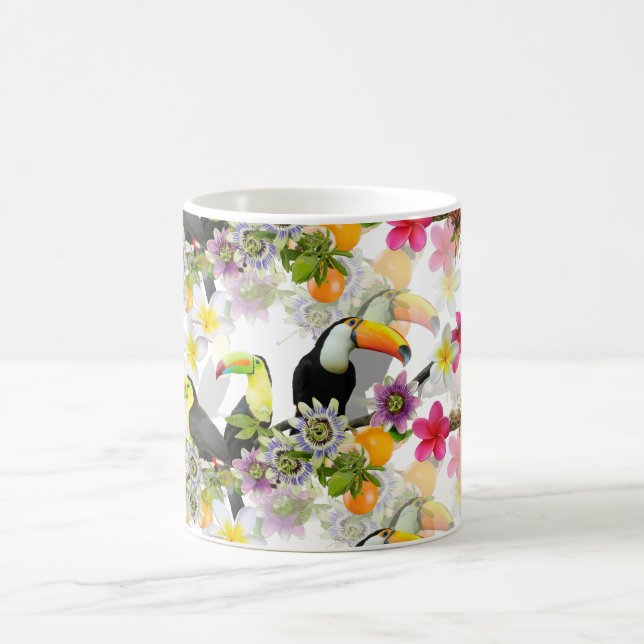 Toucan Birds, Passion Flowers, Plumeria Tropical C Coffee Mug (Center)