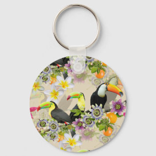 Toucan Birds, Passion Flowers, Plumeria Tropical Key Ring