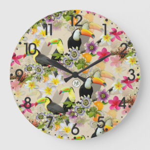 Toucan Birds, Passion Flowers, Plumeria Tropical L Large Clock