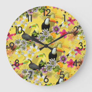 Toucan Birds, Passion Flowers, Plumeria Tropical Large Clock