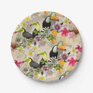 Toucan Birds, Passion Flowers, Plumeria Tropical P Paper Plate