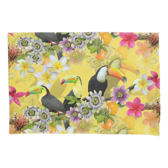 Toucan Birds, Passion Flowers, Plumeria Tropical Pillowcase (Front)