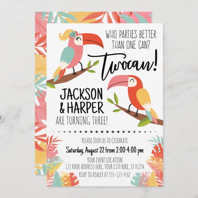 Toucan Birthday Invitation Siblings Brother Sister (Front/Back)