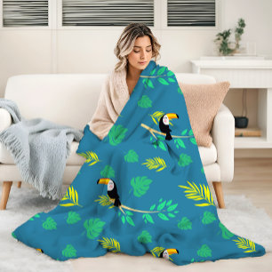 Toucan Blue and Green Tropical Rainforest Fleece Blanket