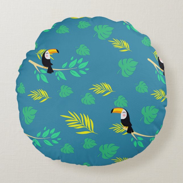 Toucan Blue and Green Tropical Rainforest Round Cushion (Front)
