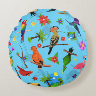 Toucan Flamingo And Arara Seamless Birds Pattern Round Cushion