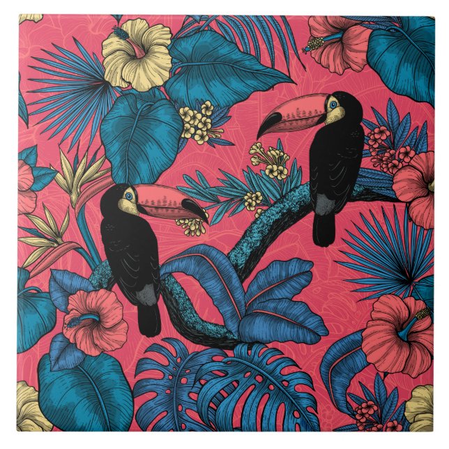 Toucan garden in red and blue ceramic tile (Front)