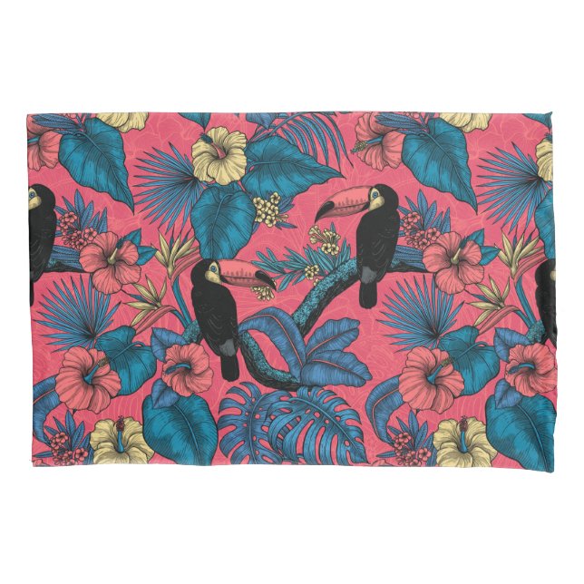 Toucan garden in red and blue pillowcase (Front)