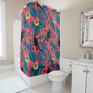 Toucan garden in red and blue shower curtain