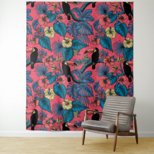 Toucan garden in red and blue tapestry