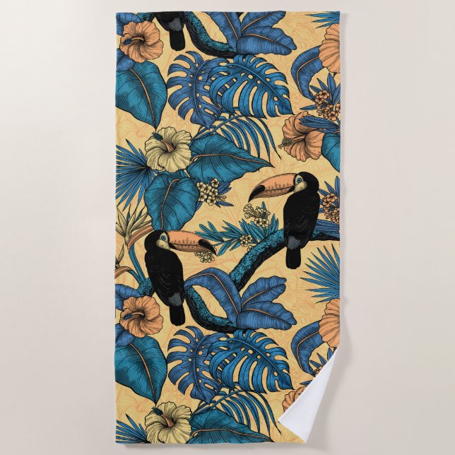 Toucan garden in yellow and blue beach towel (Front)