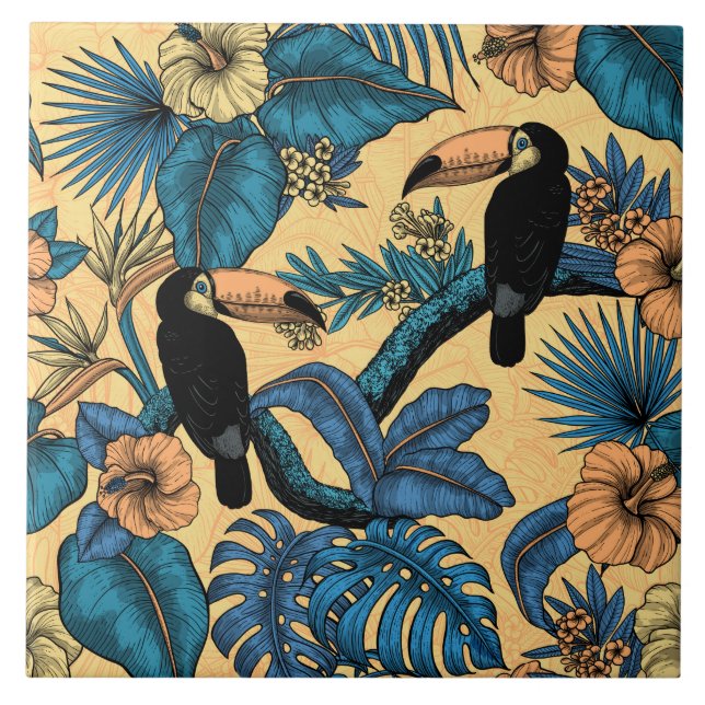 Toucan garden in yellow and blue ceramic tile (Front)