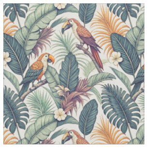 Toucan Jungle - Exotic Tropical Birds Leaf Pattern Fabric