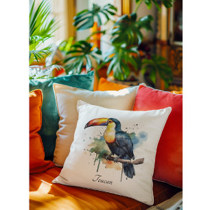 Toucan on Branch Watercolor Art, custom Cushion