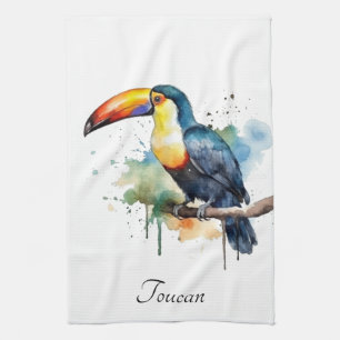 Toucan on Branch Watercolor Art, custom Tea Towel