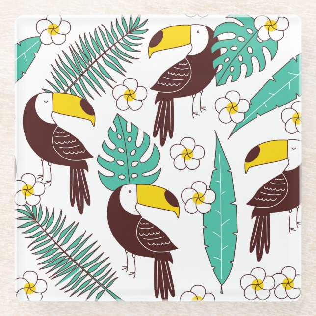Toucan Orchid Vintage Palm Pattern Glass Coaster (Front)