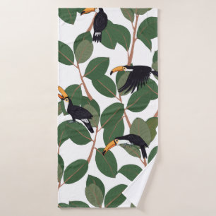 Toucan parrot bird with ficus palm leaves seamless bath towel