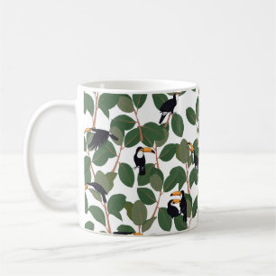 Toucan parrot bird with ficus palm leaves seamless coffee mug