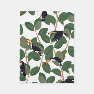 Toucan parrot bird with ficus palm leaves seamless fleece blanket