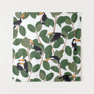 Toucan parrot bird with ficus palm leaves seamless tapestry