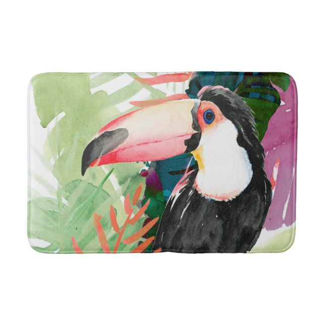 Toucan Portrait with Tropical Leaves Bath Mat (Front)