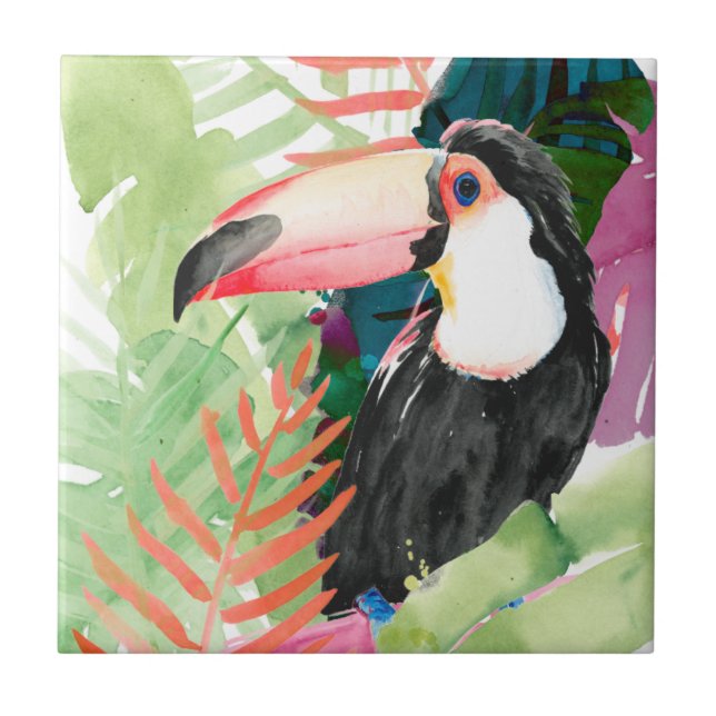 Toucan Portrait with Tropical Leaves Ceramic Tile (Front)