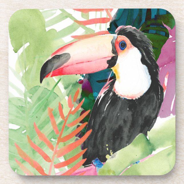 Toucan Portrait with Tropical Leaves Coaster (Front)