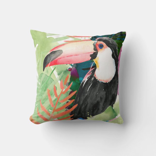 Toucan Portrait with Tropical Leaves Cushion (Front)