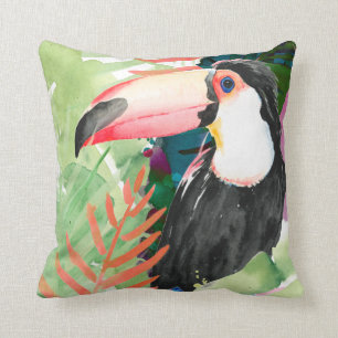 Toucan Portrait with Tropical Leaves Cushion