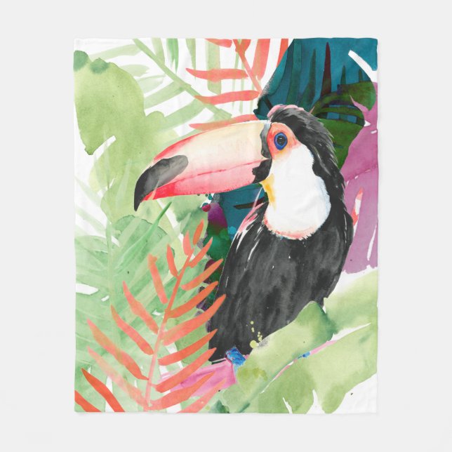 Toucan Portrait with Tropical Leaves Fleece Blanket (Front)