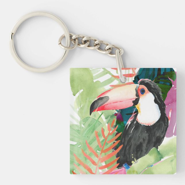 Toucan Portrait with Tropical Leaves Key Ring (Front)