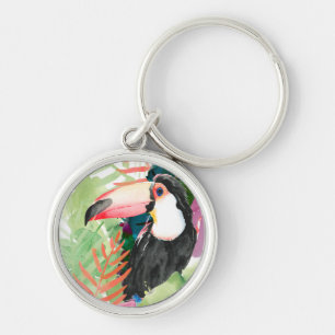 Toucan Portrait with Tropical Leaves Key Ring