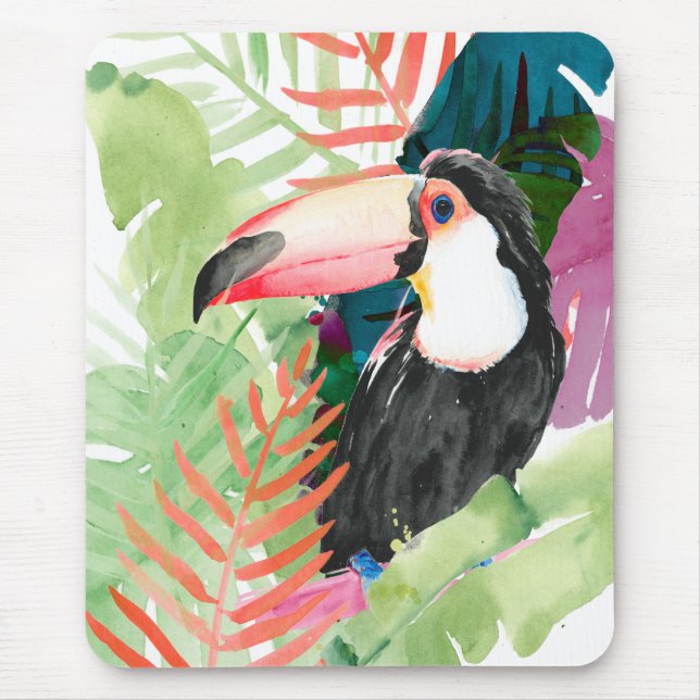 Toucan Portrait with Tropical Leaves Mouse Pad (Front)
