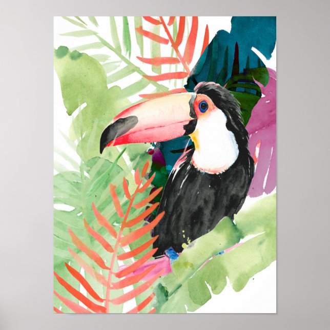 Toucan Portrait with Tropical Leaves Poster (Front)