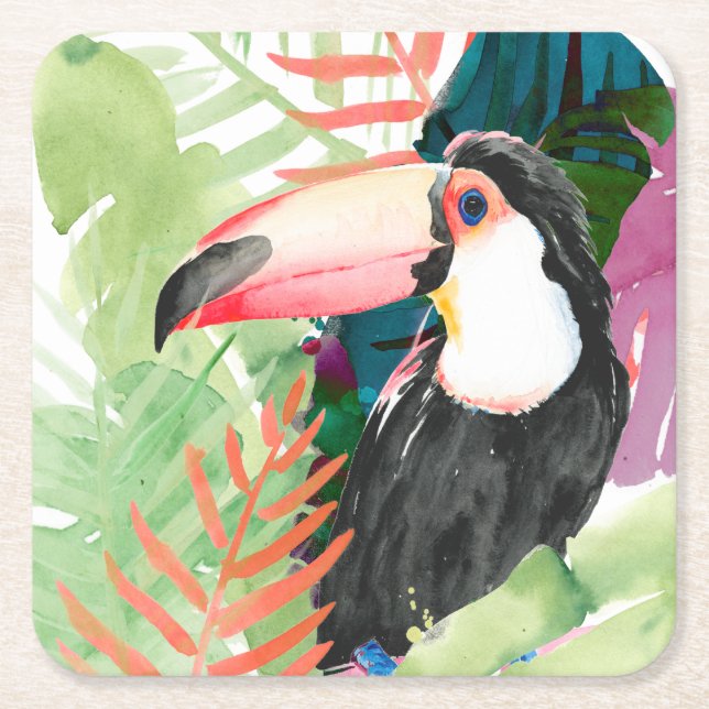 Toucan Portrait with Tropical Leaves Square Paper Coaster (Front)
