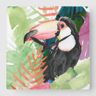 Toucan Portrait with Tropical Leaves Square Wall Clock