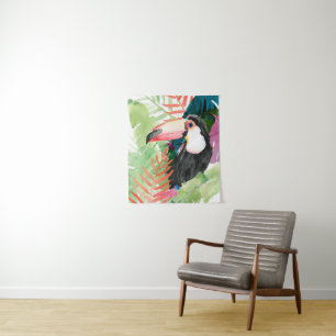 Toucan Portrait with Tropical Leaves Tapestry