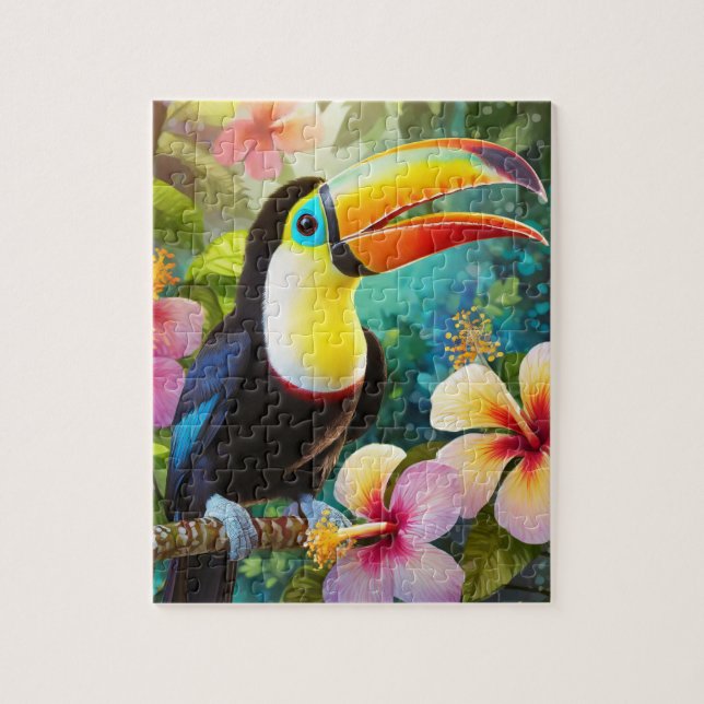 Toucan Tropical Bird and Hibiscus Flowers Jigsaw Puzzle (Vertical)