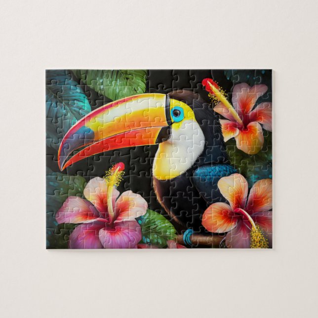 Toucan Tropical Bird with Hibiscus Flowers Jigsaw Puzzle (Horizontal)