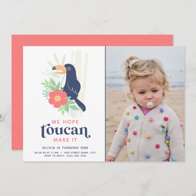 Toucan Tropical Palm Leaves Birthday Photo Invitation (Front/Back)