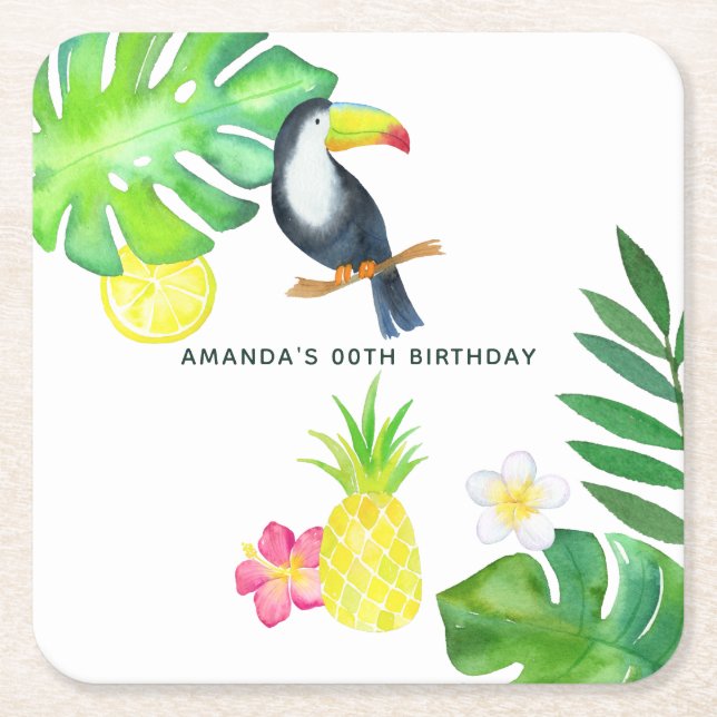 Toucan Tropical Watercolor Summer Birthday Square Paper Coaster (Front)