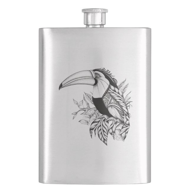 Toucan Wild Animal Nature Illustration Art Tattoo Hip Flask (Front)