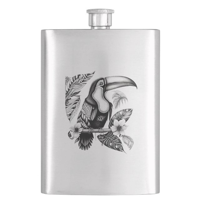 Toucan Wild Animal Nature Illustration Art Tattoo Hip Flask (Front)