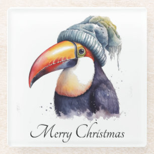 Toucan Winter Vibes, custom Glass Coaster