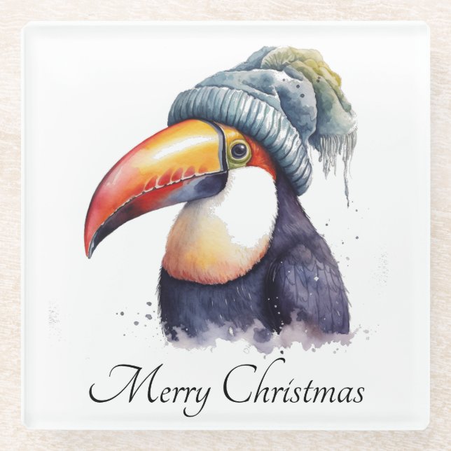 Toucan Winter Vibes, custom Glass Coaster (Front)